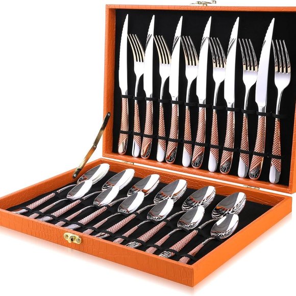 Perfect Holiday Gift 24-Piece Gold Forged Stainless Steel Flatware Set, Service - Picture 3 of 14